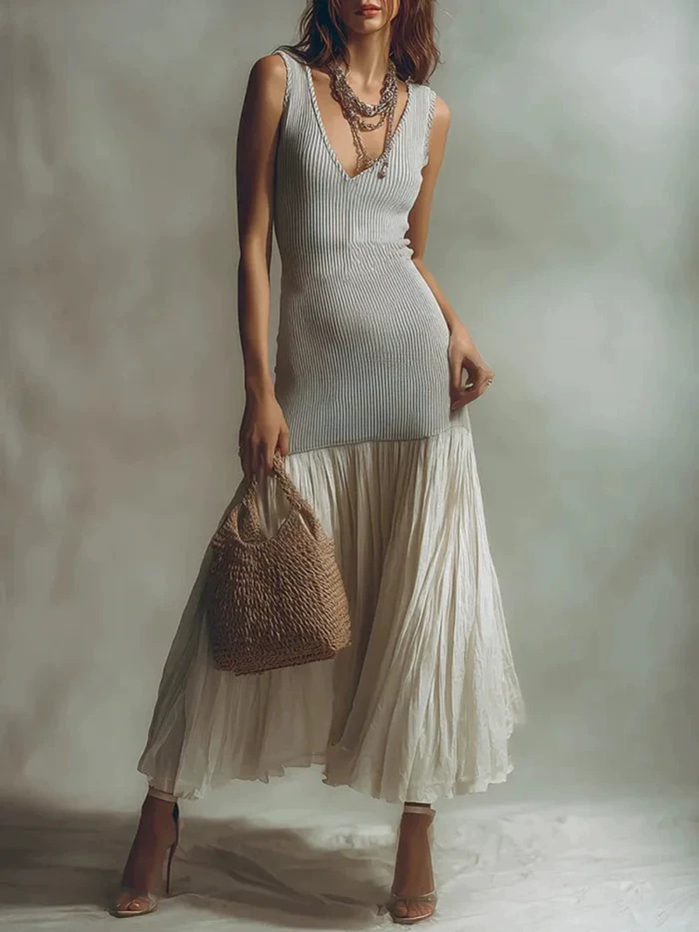ZARA Fashionable Soft Knit Mermaid Dress Spliced Pleated Flowy Midi 4 Seasons